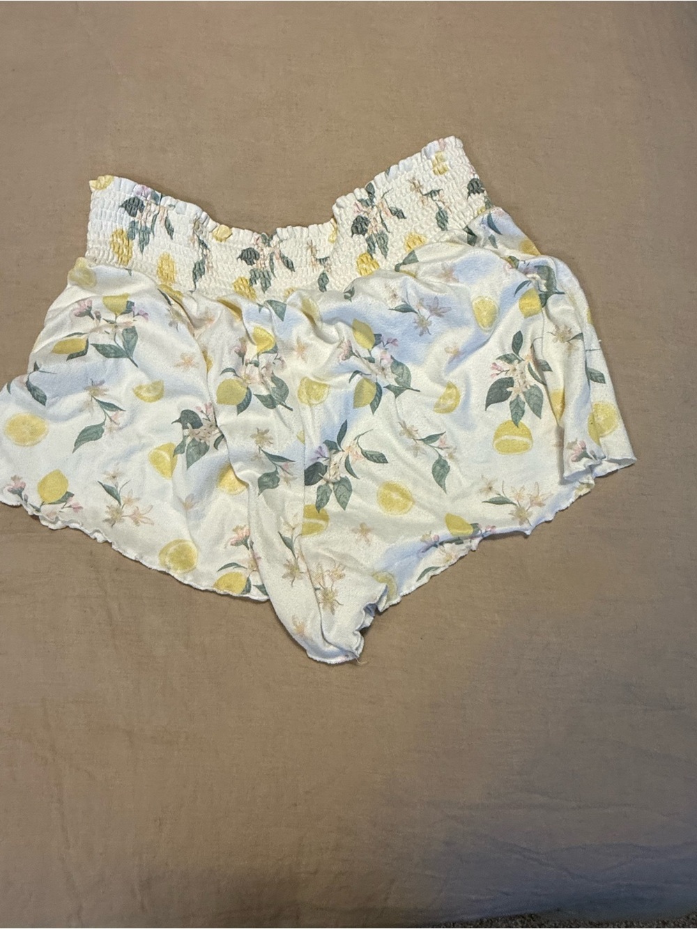 Z Supply White Lemon Print High-Waist Smocked Shorts
